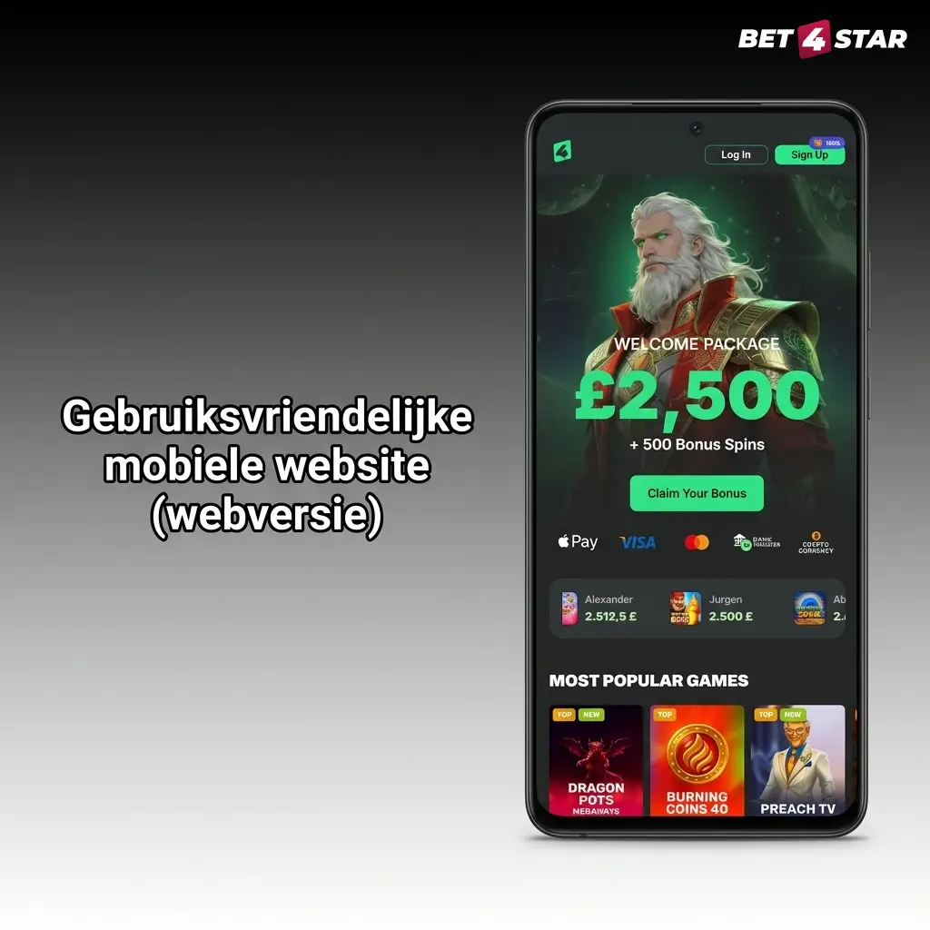 Bet4Star mobiele webversie in browser zonder download, met casino, live en sportsbook, snelle navigatie en up-to-date platform