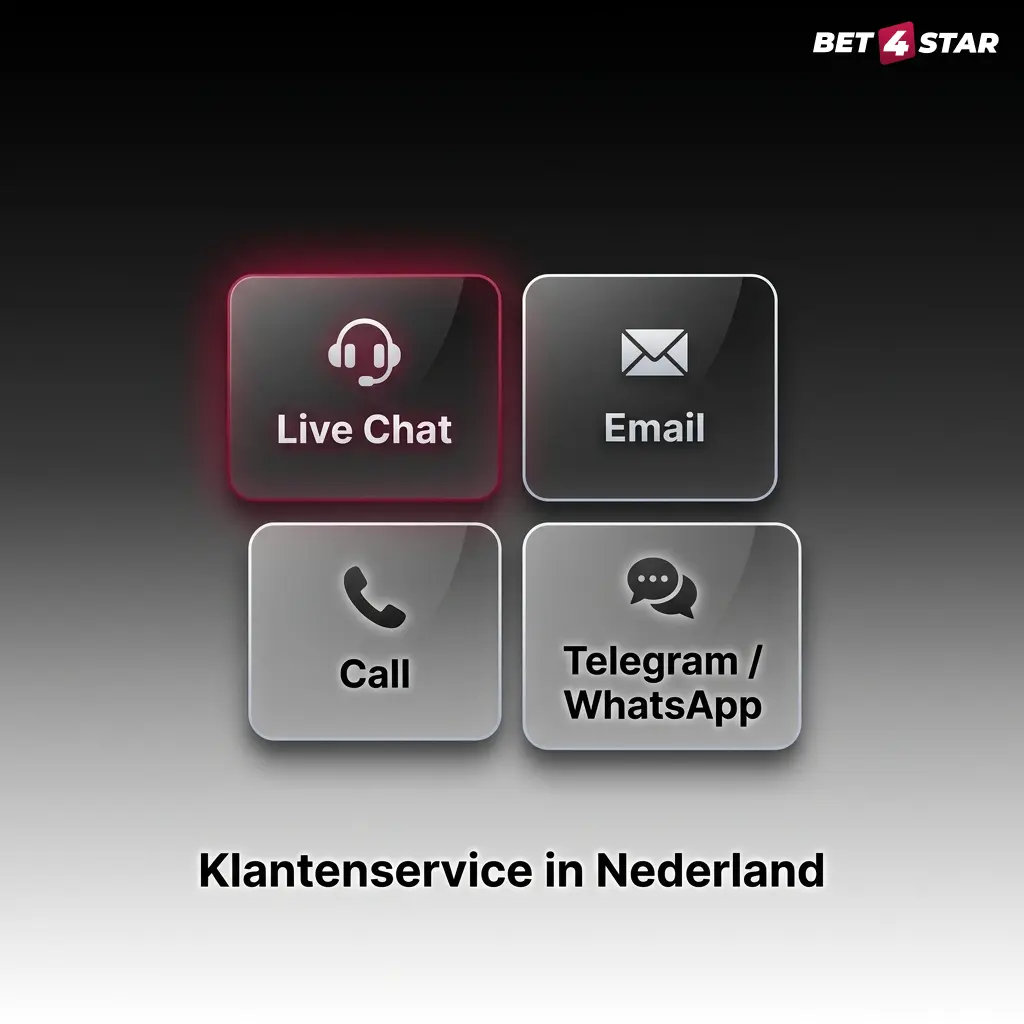 Tabel met contactopties voor klantenservice in Nederland: live chat 24/7, e-mail support@bet4star.com en helpcenter FAQ