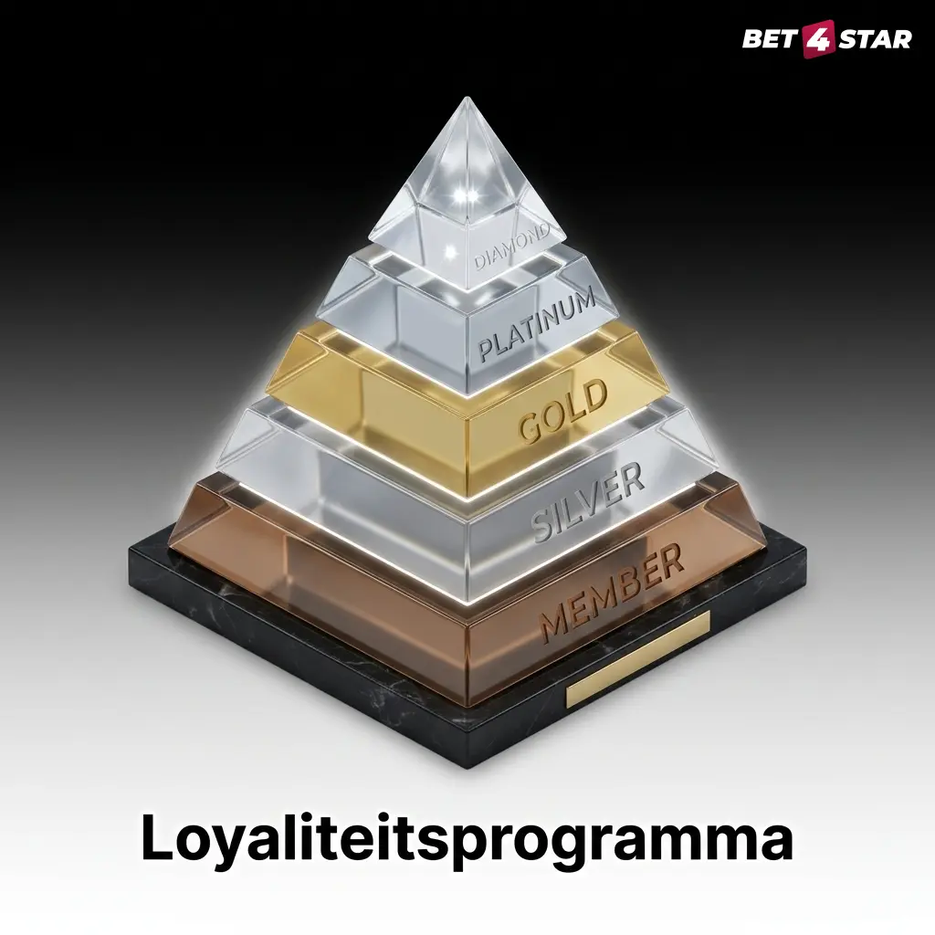 Overzicht van Bet4Star loyaliteitsprogramma met tiers Bronze tot Diamond, vereisten en beloningen zoals cashback en VIP-service